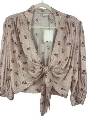 NWT Zara Floral Tie-Front Puff Sleeve Cropped Blouse - Mauve Pink - Size L